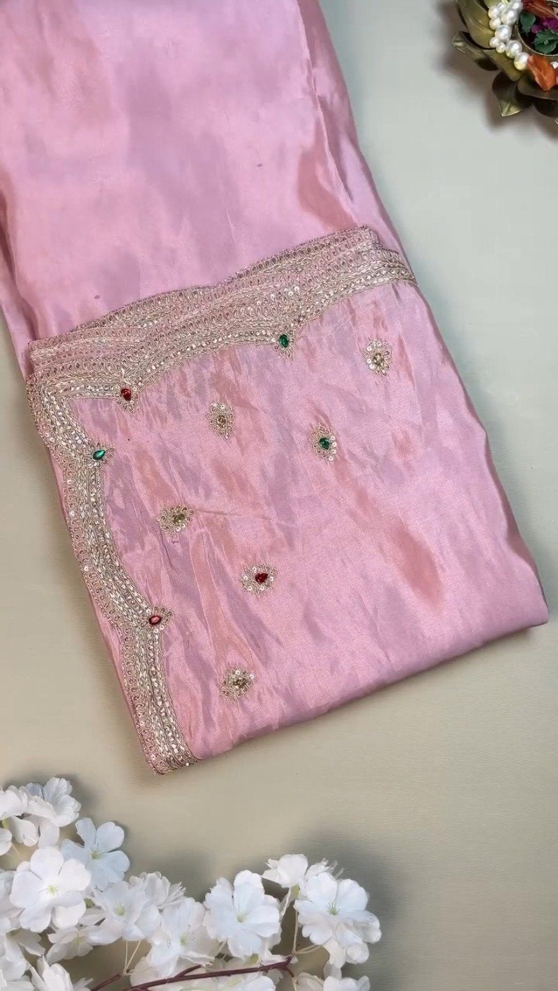 Royal Ruby and Pastel Pink Hand-Embroidered Saree Ensemble – Available in Deep Crimson & Blush Rose