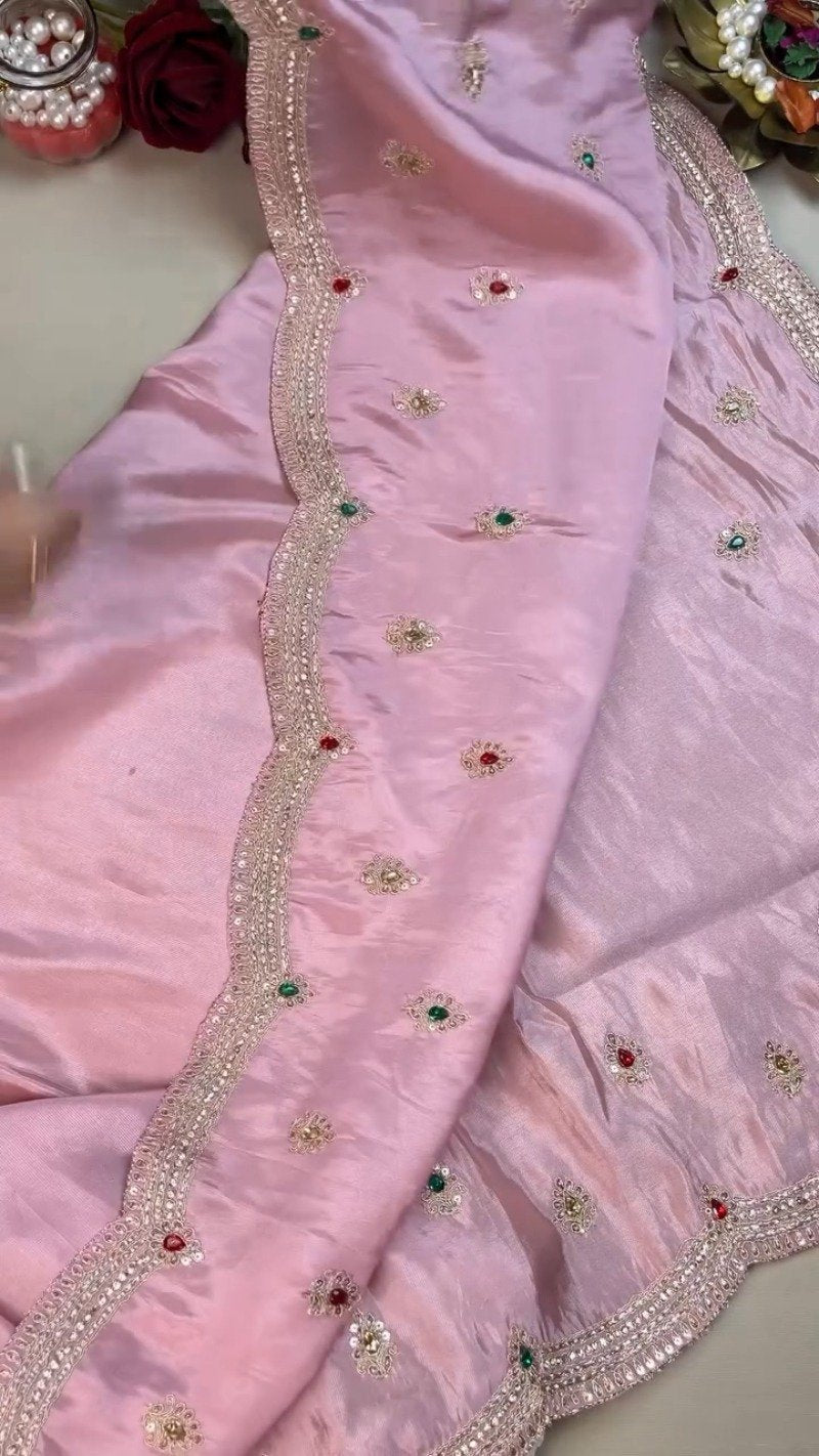 Royal Ruby and Pastel Pink Hand-Embroidered Saree Ensemble – Available in Deep Crimson & Blush Rose