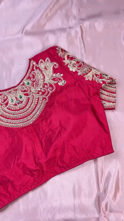 Royal Ruby and Pastel Pink Hand-Embroidered Saree Ensemble – Available in Deep Crimson & Blush Rose
