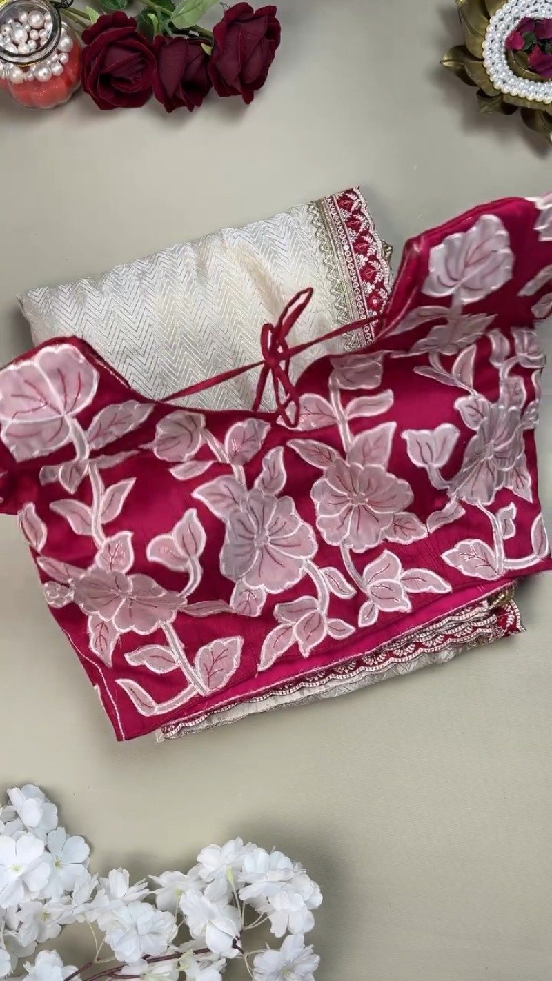 Ivory Chevron Pattern Saree with Embellished Deep Magenta Blouse – Elegant Festive Drape