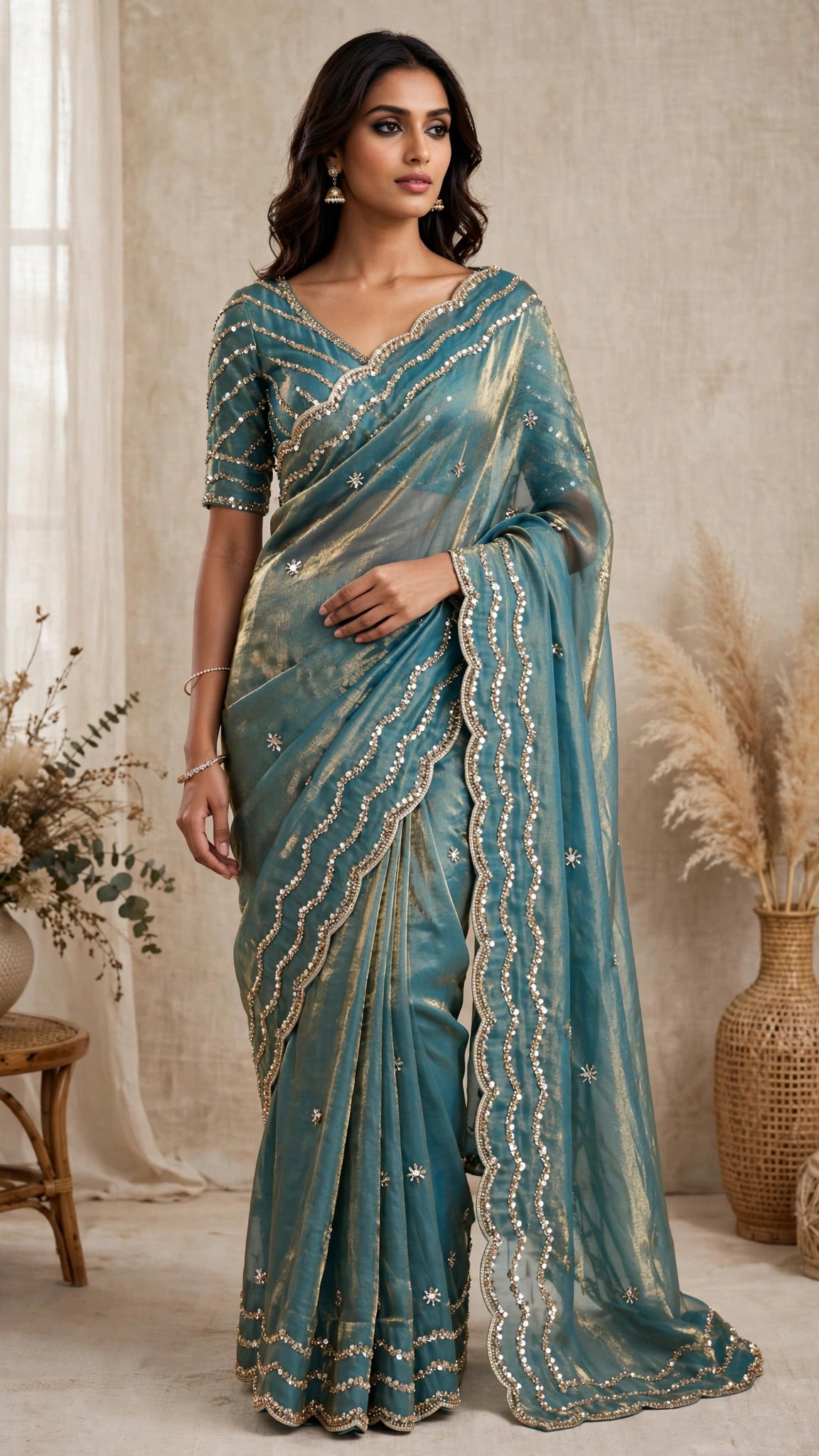 Glimmering Sequin & Embroidered Saree Ensemble – Available in Teal Blue & Royal Burgundy