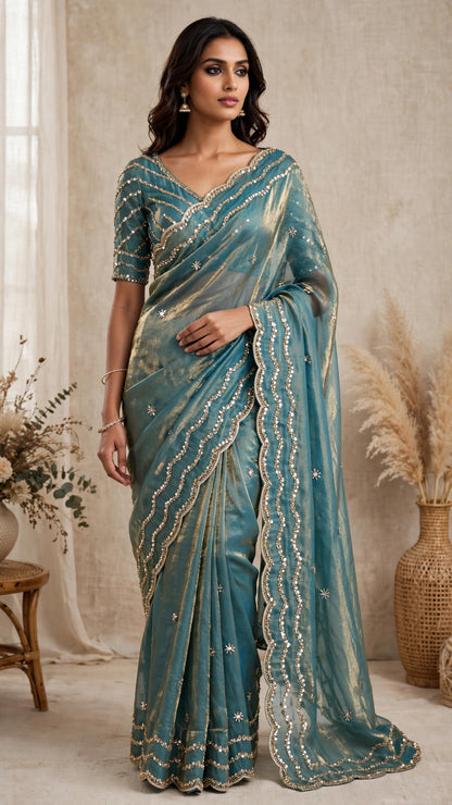Glimmering Sequin & Embroidered Saree Ensemble – Available in Teal Blue & Royal Burgundy