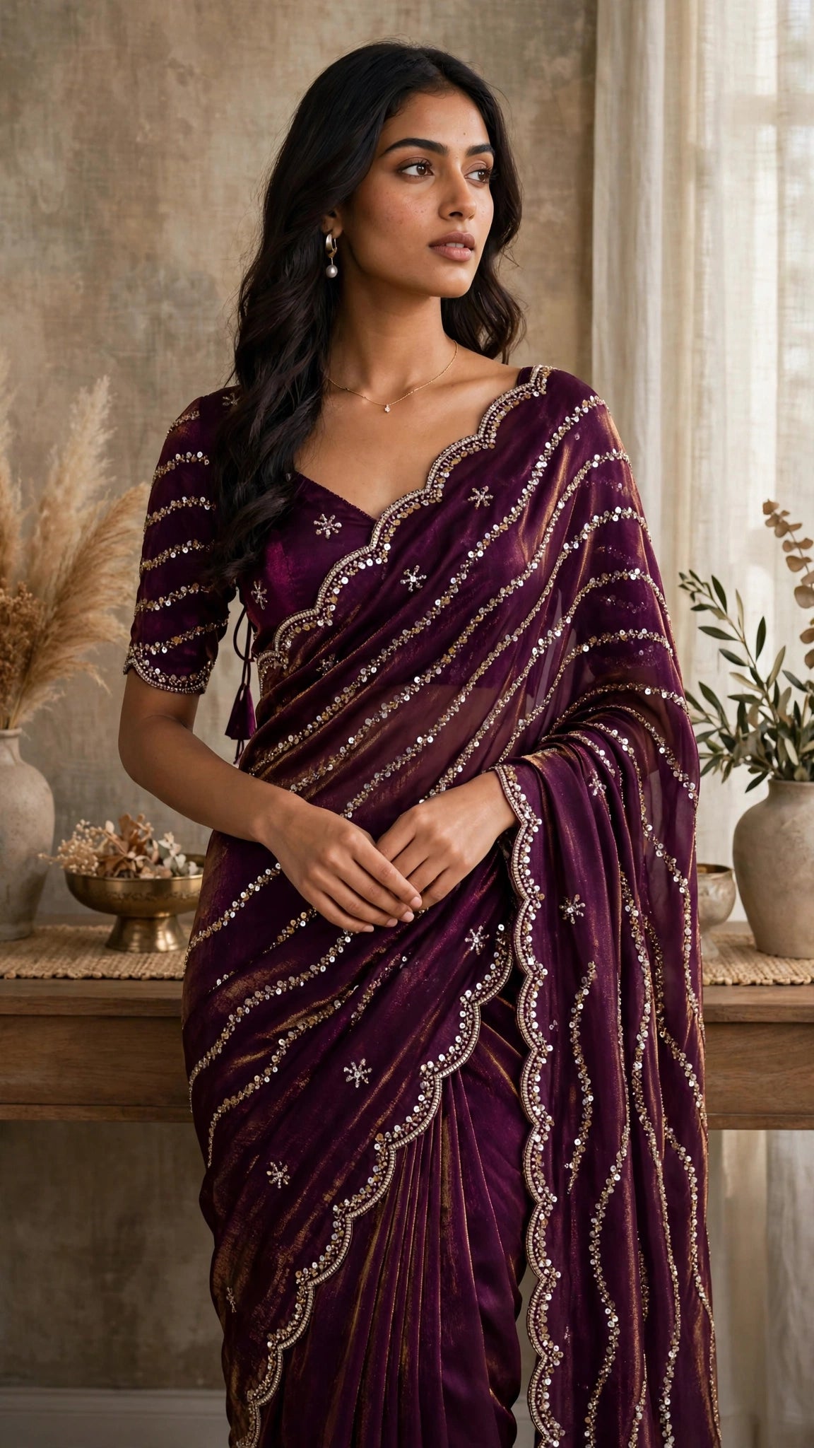 Glimmering Sequin & Embroidered Saree Ensemble – Available in Teal Blue & Royal Burgundy