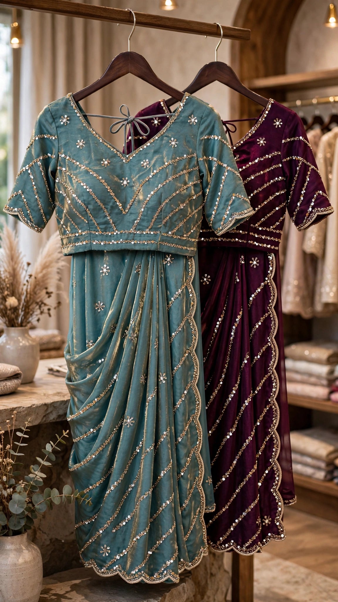 Glimmering Sequin & Embroidered Saree Ensemble – Available in Teal Blue & Royal Burgundy