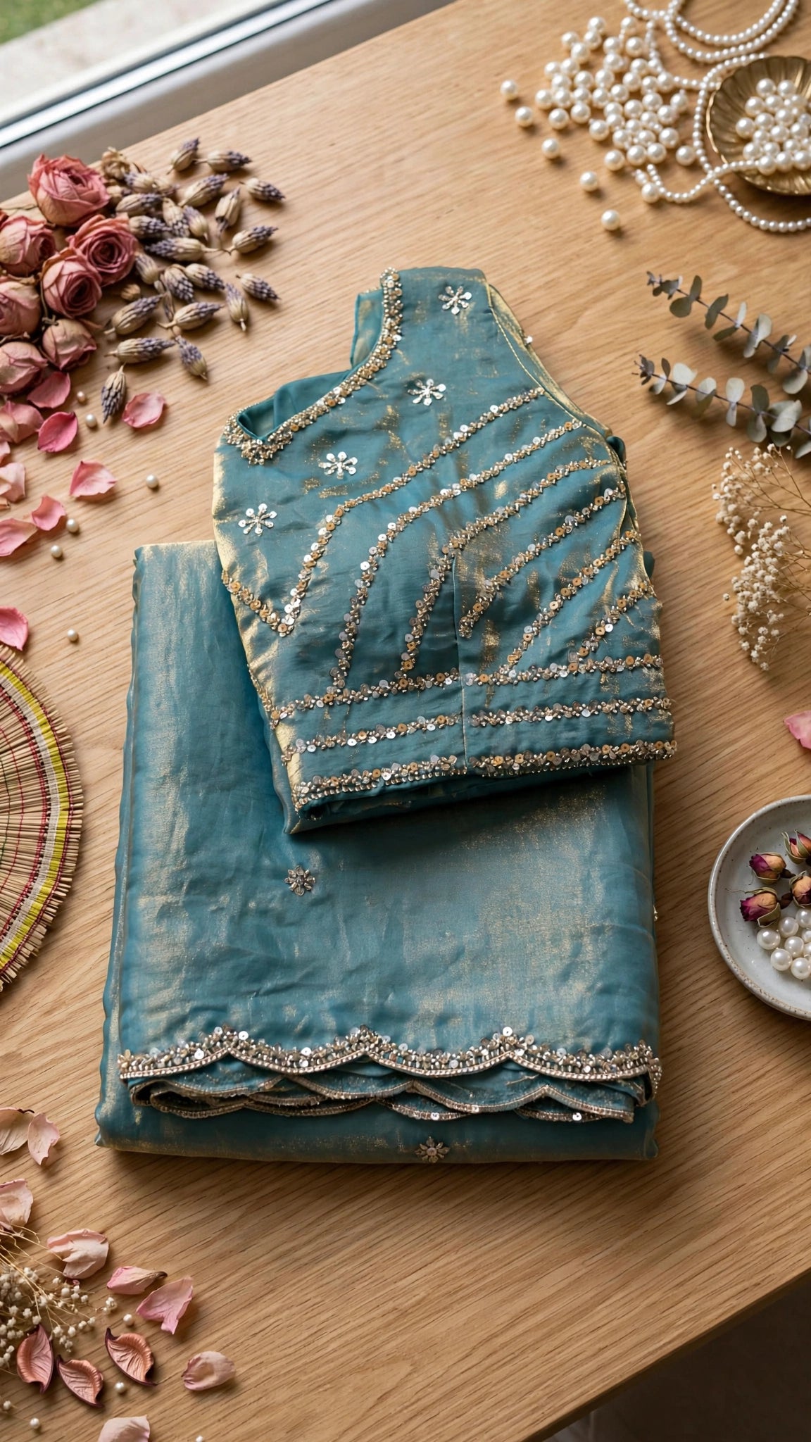 Glimmering Sequin & Embroidered Saree Ensemble – Available in Teal Blue & Royal Burgundy