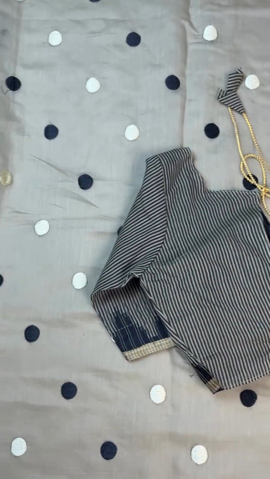 Chic Monochrome Stripe & Polka Dot Handloom Saree with Designer Blouse