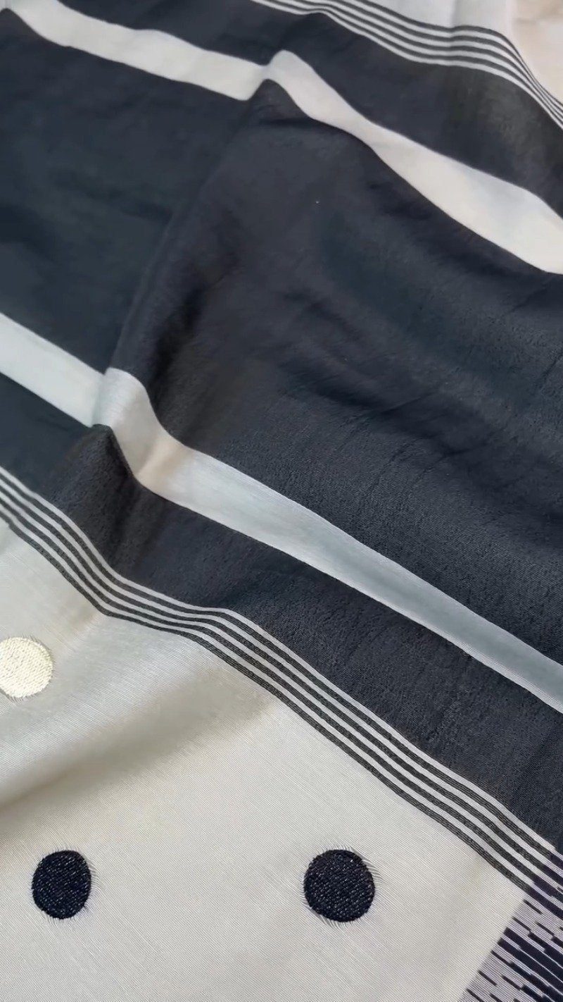 Chic Monochrome Stripe & Polka Dot Handloom Saree with Designer Blouse