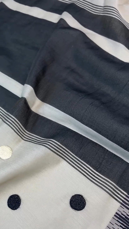Chic Monochrome Stripe & Polka Dot Handloom Saree with Designer Blouse