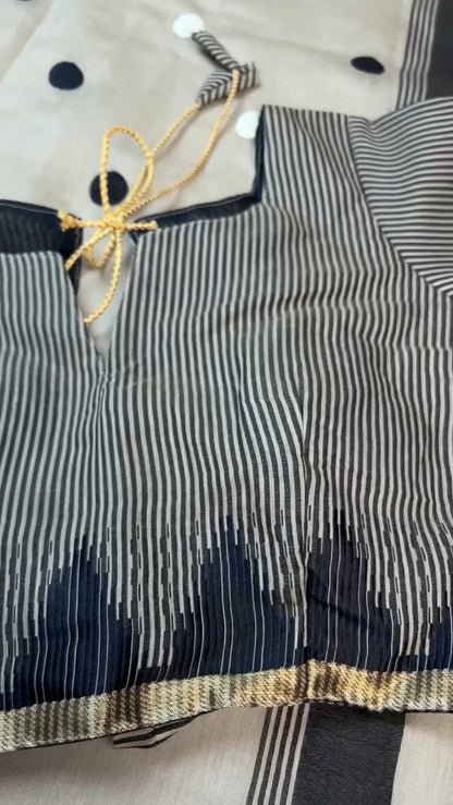 Chic Monochrome Stripe & Polka Dot Handloom Saree with Designer Blouse
