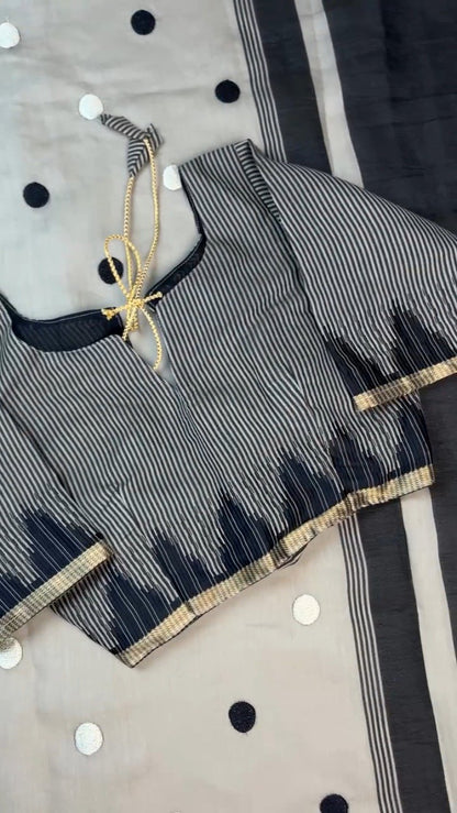 Chic Monochrome Stripe & Polka Dot Handloom Saree with Designer Blouse