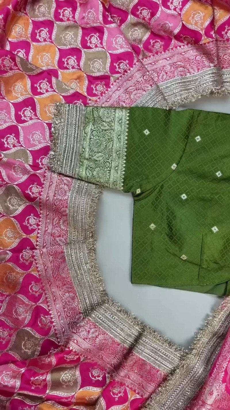 Opulent Fuchsia and Olive Green Banarasi Silk Festive Lehenga Set – Available in Fuchsia Pink & Olive Green