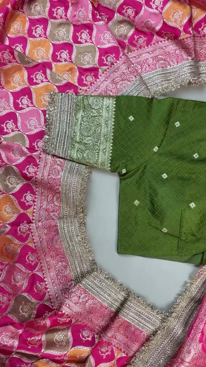 Opulent Fuchsia and Olive Green Banarasi Silk Festive Lehenga Set – Available in Fuchsia Pink & Olive Green