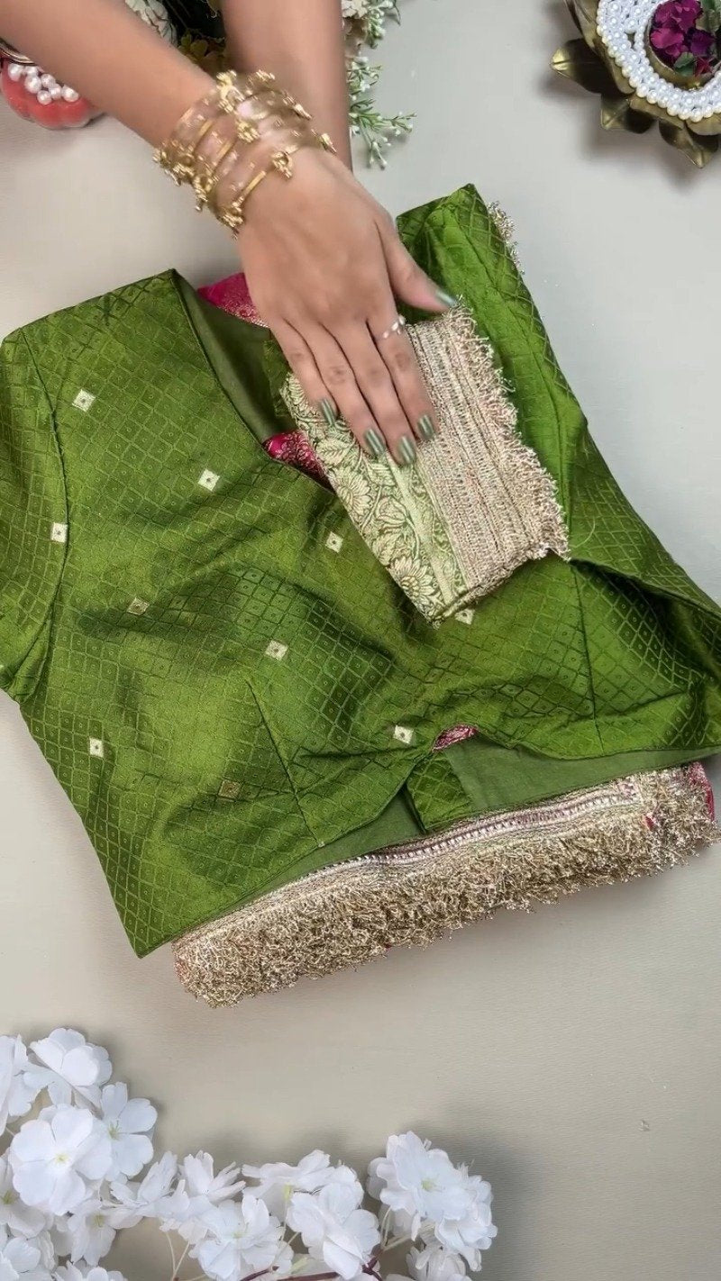 Opulent Fuchsia and Olive Green Banarasi Silk Festive Lehenga Set – Available in Fuchsia Pink & Olive Green