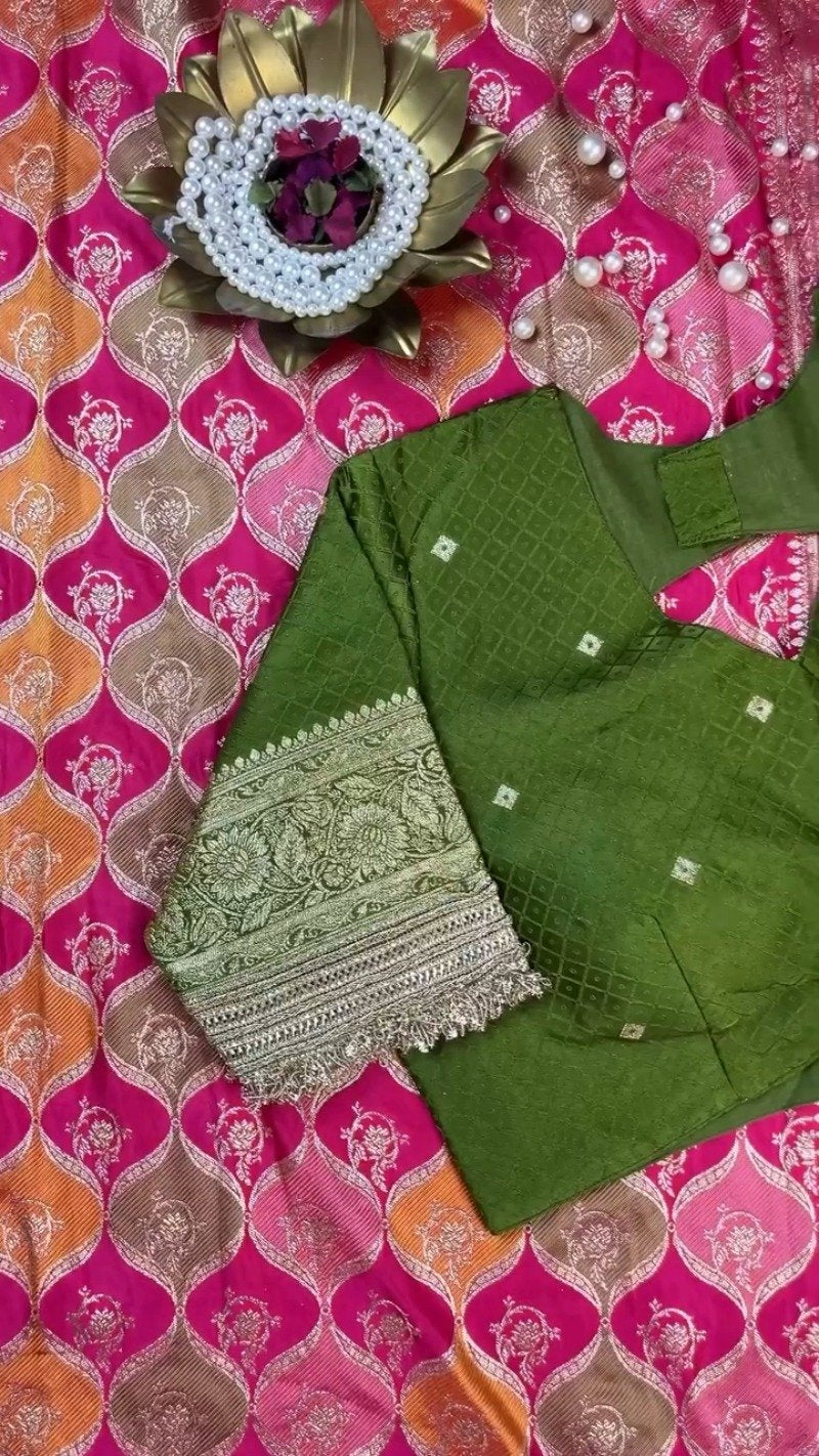 Opulent Fuchsia and Olive Green Banarasi Silk Festive Lehenga Set – Available in Fuchsia Pink & Olive Green