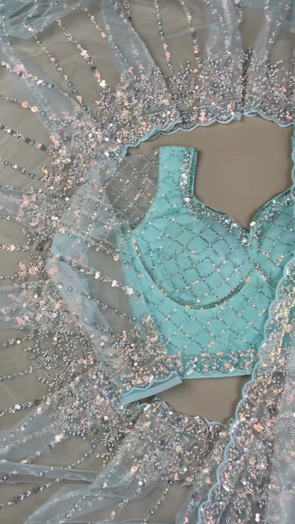 Astra Glacial Blue Sequin-Encrusted Net Saree with Designer Blouse