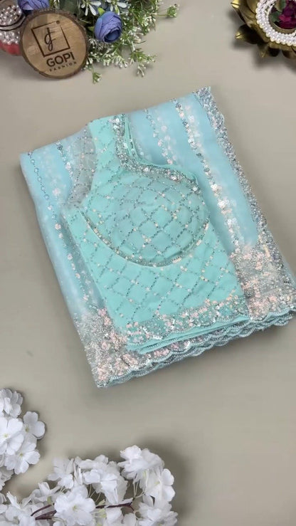 Astra Glacial Blue Sequin-Encrusted Net Saree with Designer Blouse