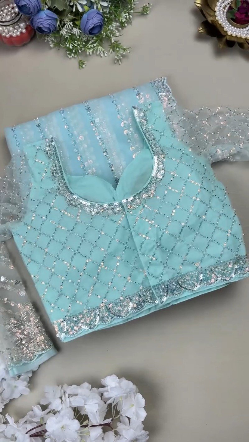 Astra Glacial Blue Sequin-Encrusted Net Saree with Designer Blouse