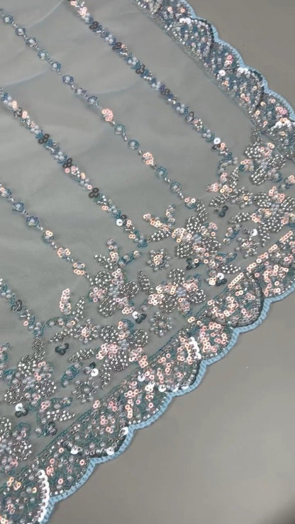 Astra Glacial Blue Sequin-Encrusted Net Saree with Designer Blouse