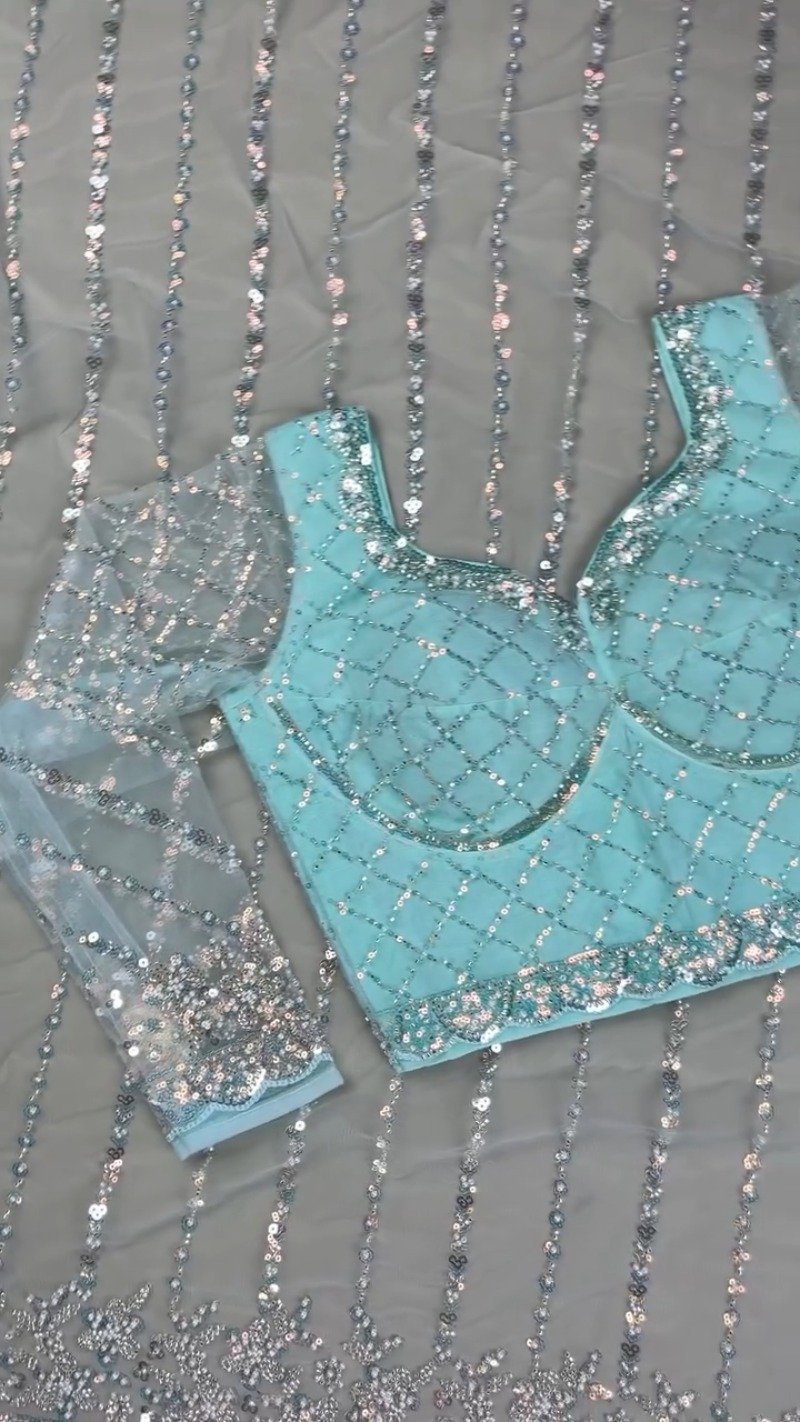 Astra Glacial Blue Sequin-Encrusted Net Saree with Designer Blouse