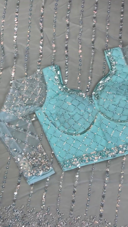 Astra Glacial Blue Sequin-Encrusted Net Saree with Designer Blouse
