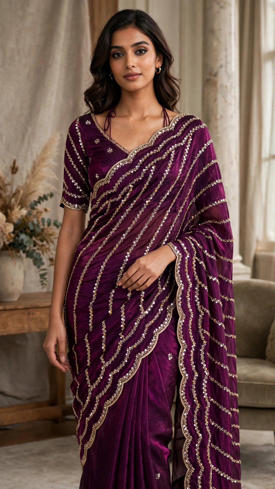 Enchanting Sequined Scalloped Border Saree Set – Available in Deep Plum, Emerald Green, Midnight Black, Rustic Orange, Blush Pink & Cream White