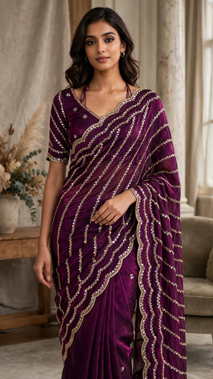 Enchanting Sequined Scalloped Border Saree Set – Available in Deep Plum, Emerald Green, Midnight Black, Rustic Orange, Blush Pink & Cream White