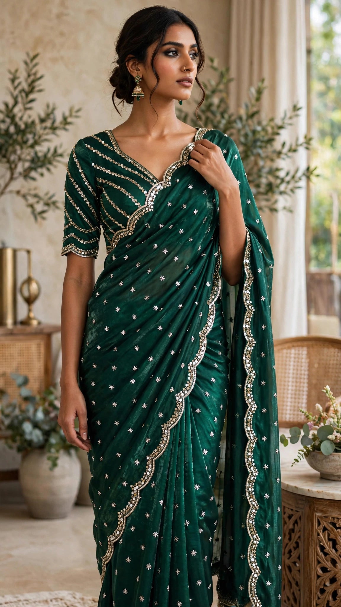 Enchanting Sequined Scalloped Border Saree Set – Available in Deep Plum, Emerald Green, Midnight Black, Rustic Orange, Blush Pink & Cream White