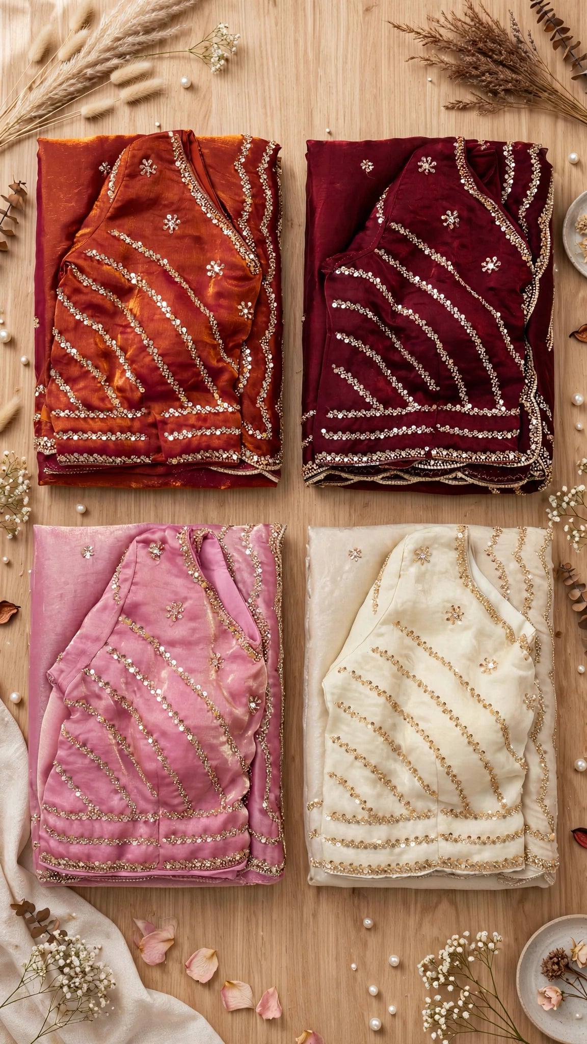 Enchanting Sequined Scalloped Border Saree Set – Available in Deep Plum, Emerald Green, Midnight Black, Rustic Orange, Blush Pink & Cream White