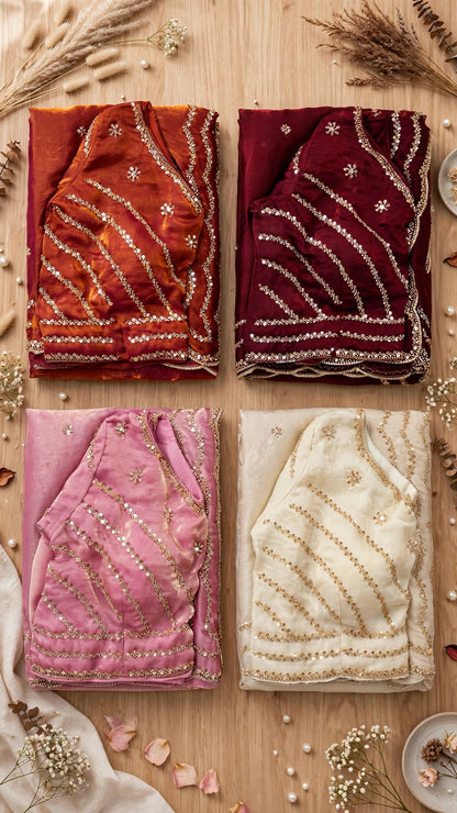 Enchanting Sequined Scalloped Border Saree Set – Available in Deep Plum, Emerald Green, Midnight Black, Rustic Orange, Blush Pink & Cream White