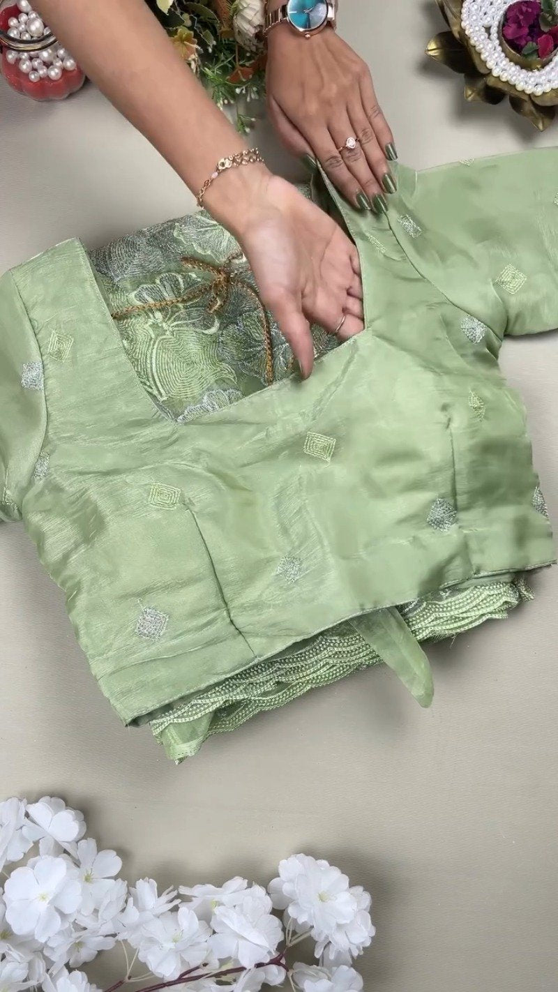Ethereal Sage Green Embroidered Chanderi Saree with Tie-Back Blouse