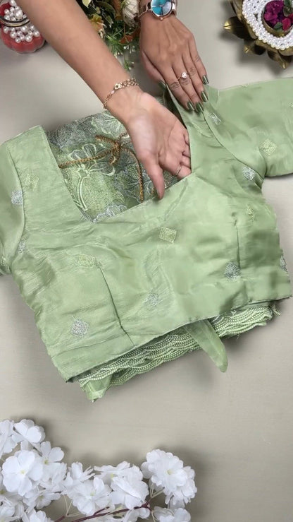 Ethereal Sage Green Embroidered Chanderi Saree with Tie-Back Blouse