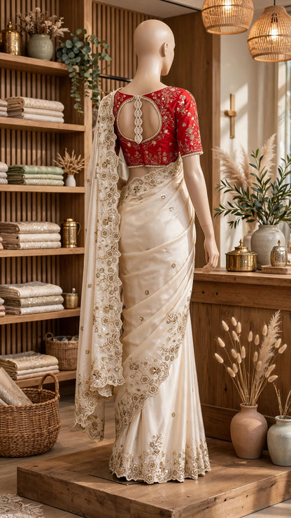 Ivory Elegance Floral Embellished Saree with Red Heritage Blouse