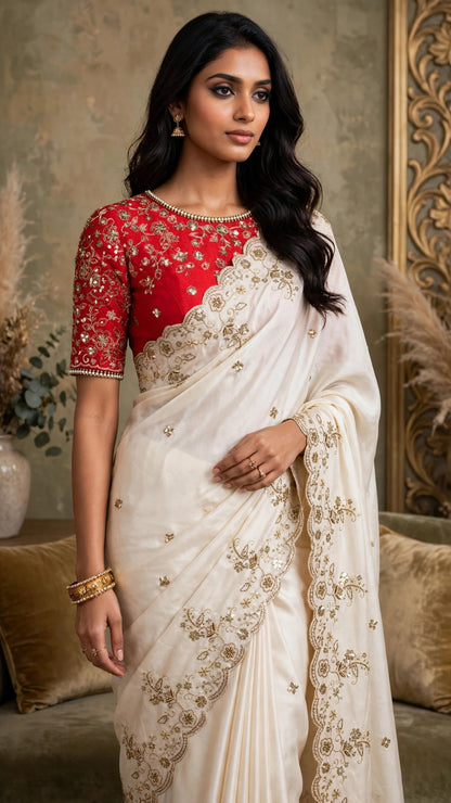Ivory Elegance Floral Embellished Saree with Red Heritage Blouse