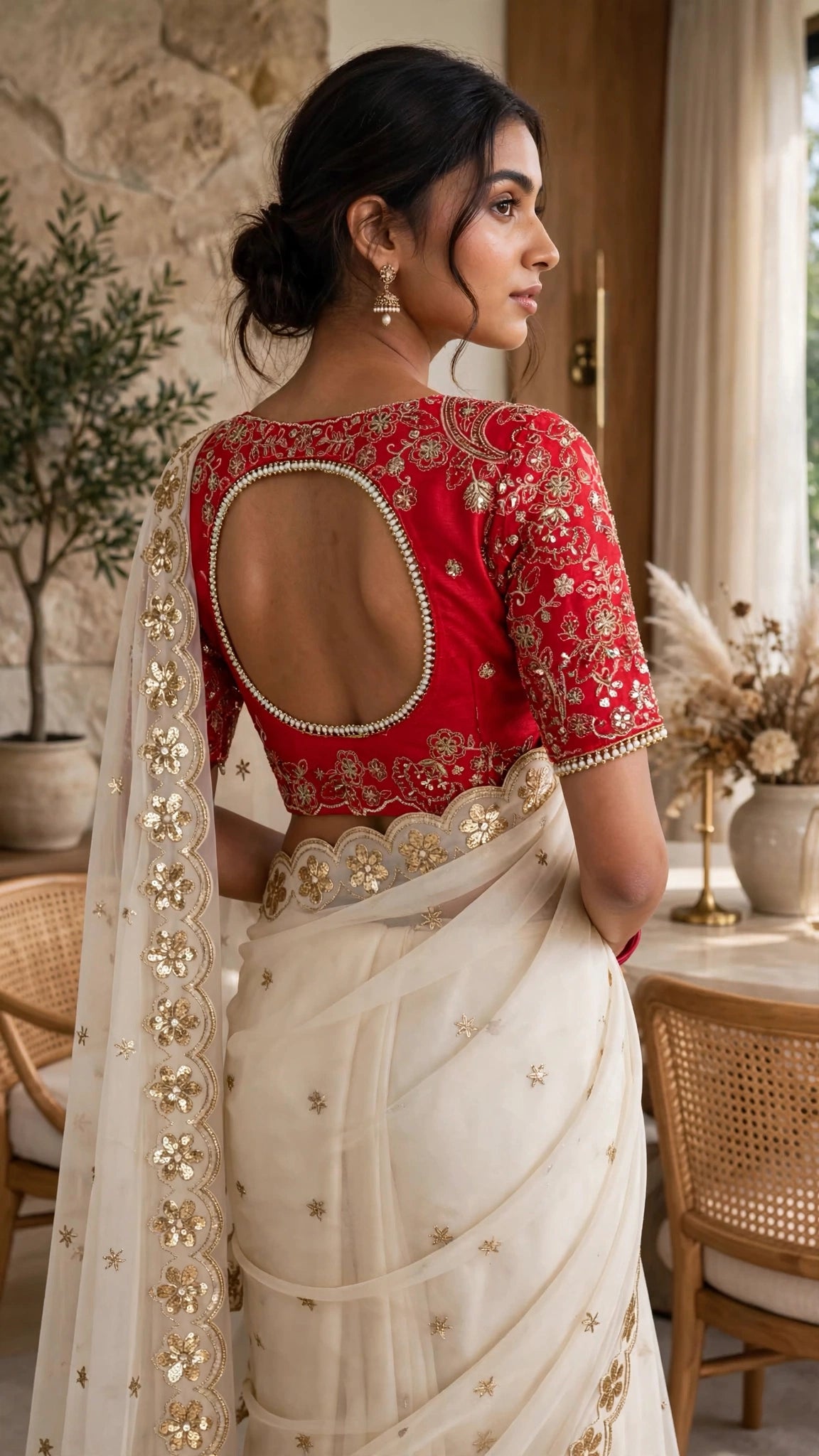 Ivory Elegance Floral Embellished Saree with Red Heritage Blouse