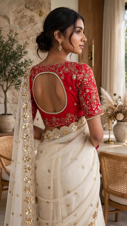 Ivory Elegance Floral Embellished Saree with Red Heritage Blouse