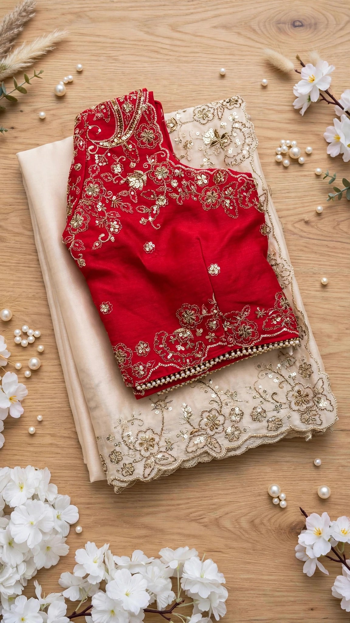 Ivory Elegance Floral Embellished Saree with Red Heritage Blouse