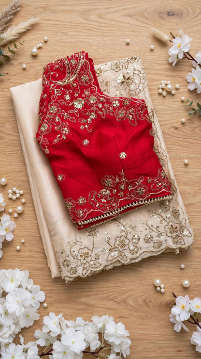 Ivory Elegance Floral Embellished Saree with Red Heritage Blouse