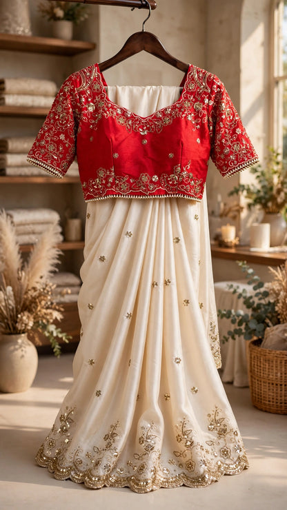 Ivory Elegance Floral Embellished Saree with Red Heritage Blouse