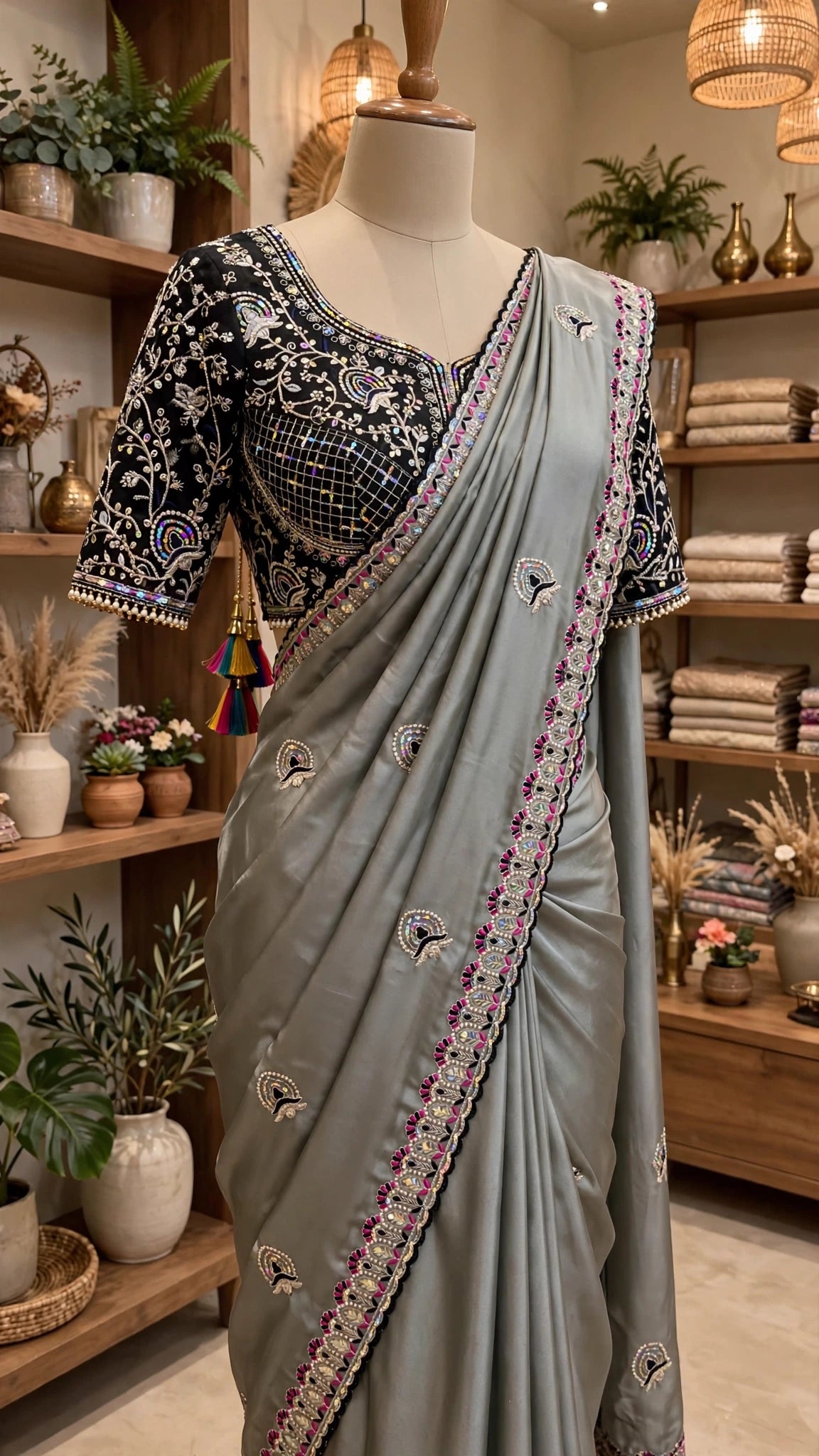Midnight Allure Embroidered Saree with Draped Blouse – Slate Grey Elegance