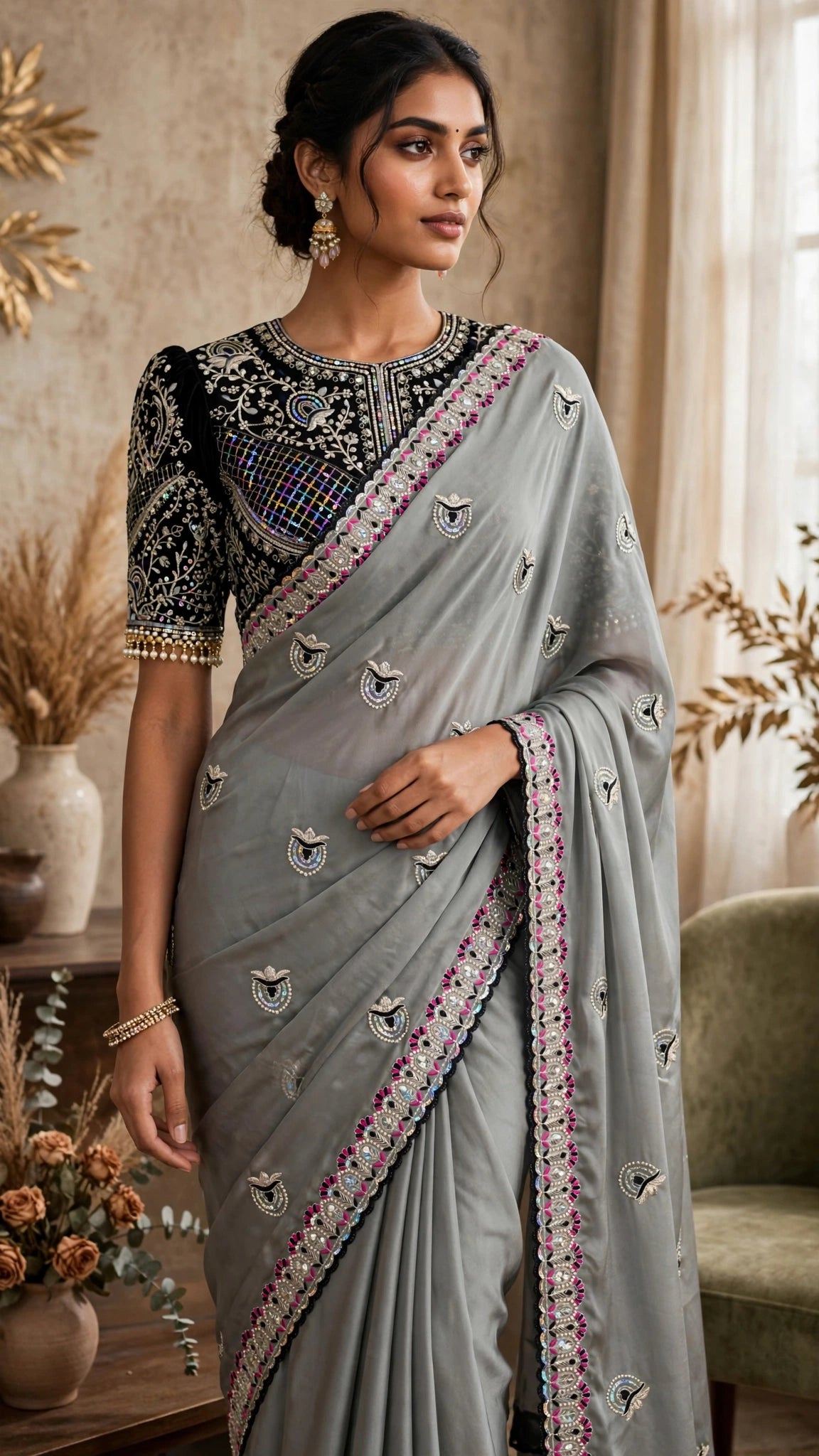 Midnight Allure Embroidered Saree with Draped Blouse – Slate Grey Elegance