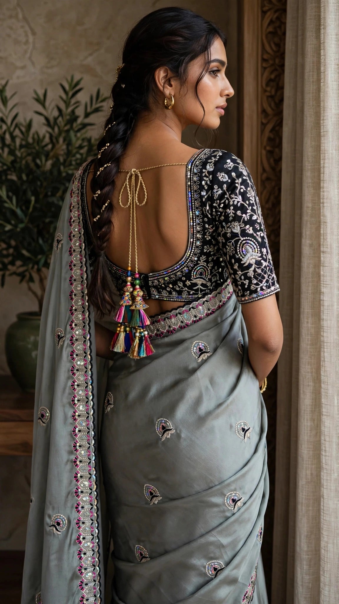 Midnight Allure Embroidered Saree with Draped Blouse – Slate Grey Elegance
