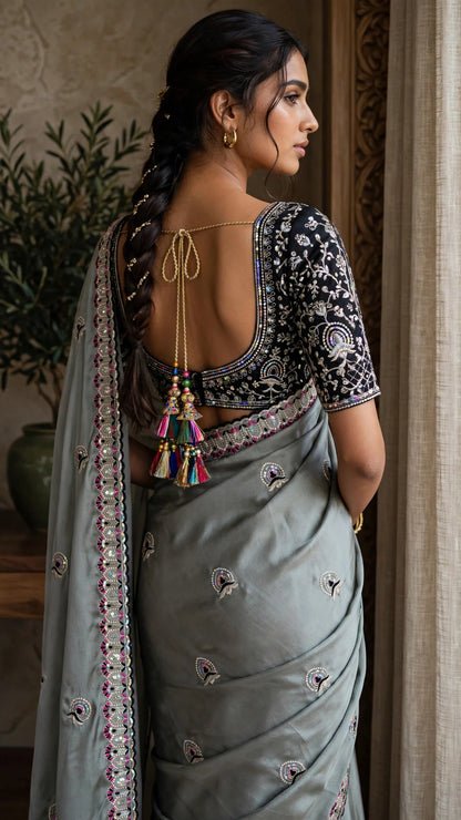 Midnight Allure Embroidered Saree with Draped Blouse – Slate Grey Elegance