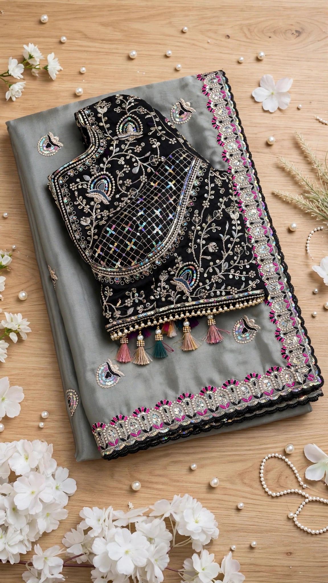 Midnight Allure Embroidered Saree with Draped Blouse – Slate Grey Elegance