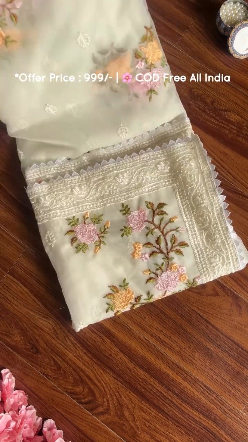 Elegant Floral Embroidered Organza Saree Set – Available in White & Light Green