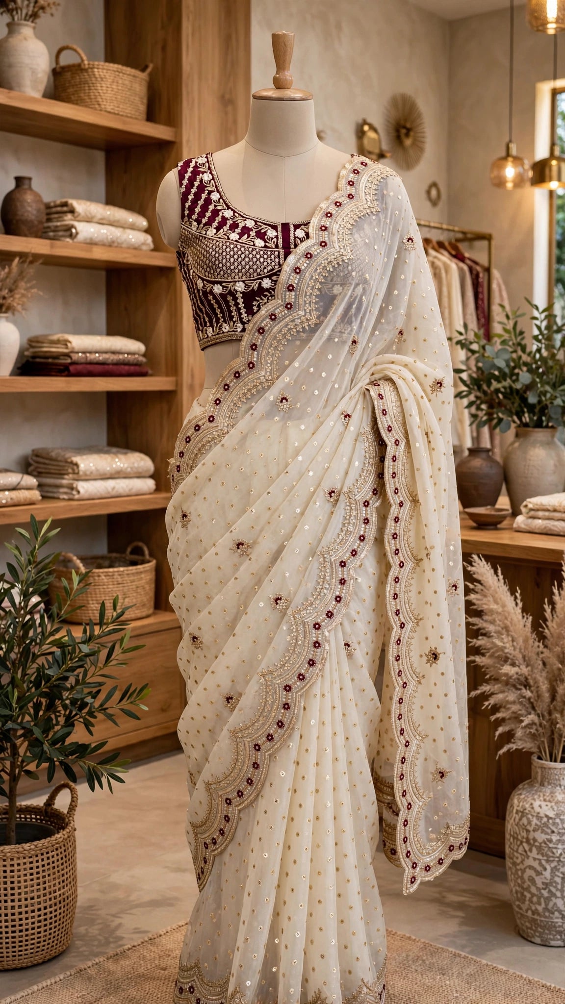 Ivory Embellished Organza Saree with Embroidered Velvet Blouse – Festive Elegance Collection
