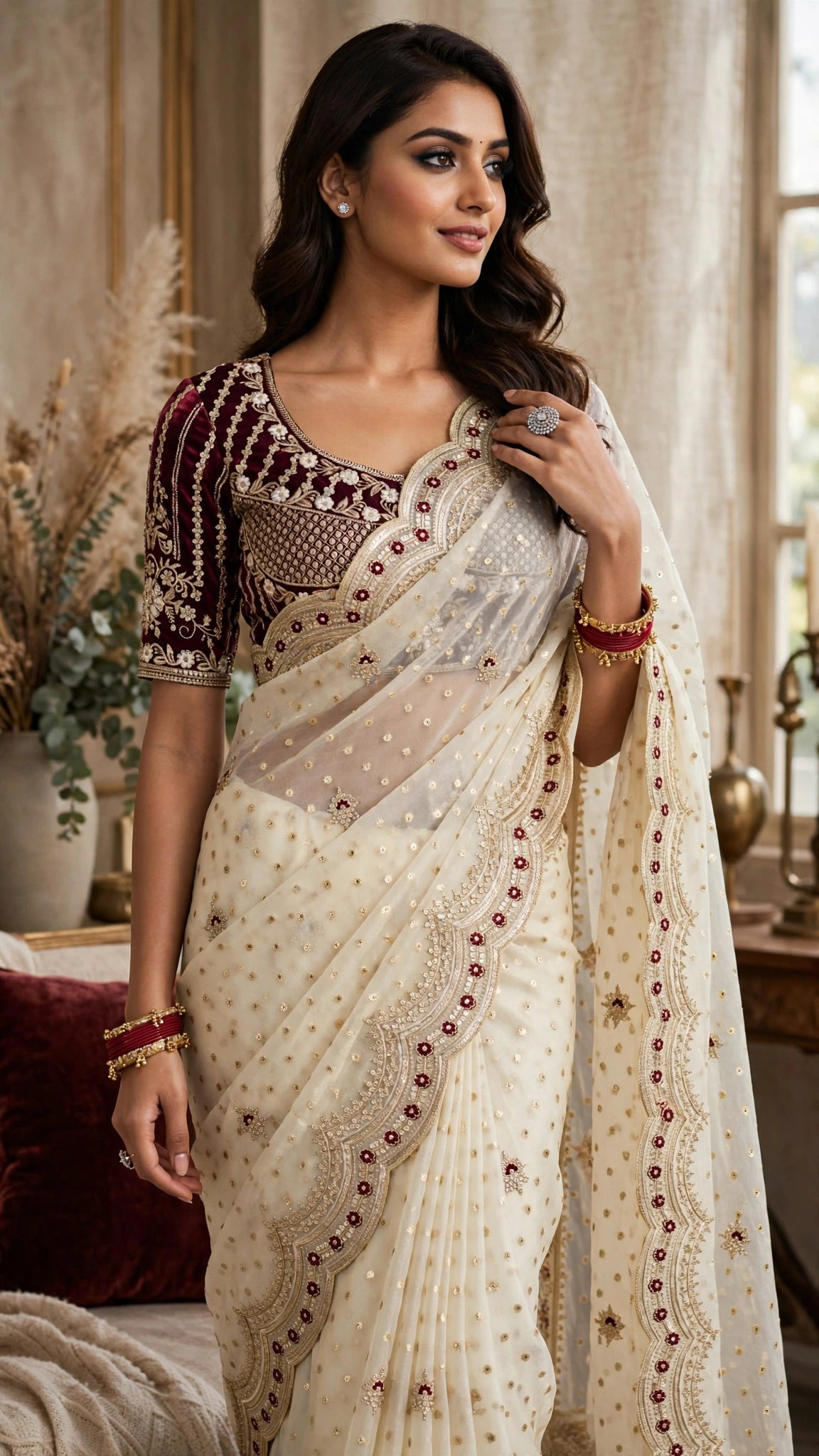 Ivory Embellished Organza Saree with Embroidered Velvet Blouse – Festive Elegance Collection