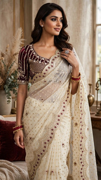 Ivory Embellished Organza Saree with Embroidered Velvet Blouse – Festive Elegance Collection