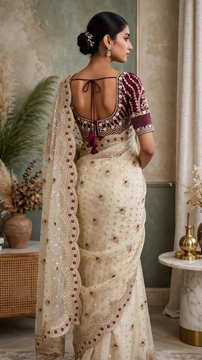 Ivory Embellished Organza Saree with Embroidered Velvet Blouse – Festive Elegance Collection