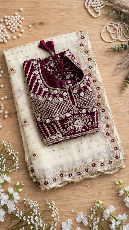 Ivory Embellished Organza Saree with Embroidered Velvet Blouse – Festive Elegance Collection