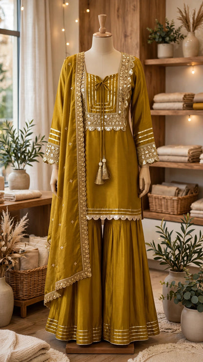 Olive Gold Radiance Embroidered Sharara Set